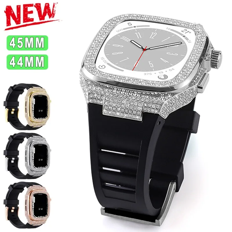 

Diamond Case for Apple Watch Band 9 8 7 6 5 45mm SE3 44mm Stainless Steel Case Modification Kit Rubber Strap for IWatch 11 46MM