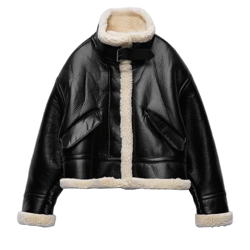 Autunno Inverno Thiened ort Pelliccia di agnello Fce Interno in pelle Jaet Pendolarismo da donna Sle Loose Fit Capispalla Fibra di poliestere