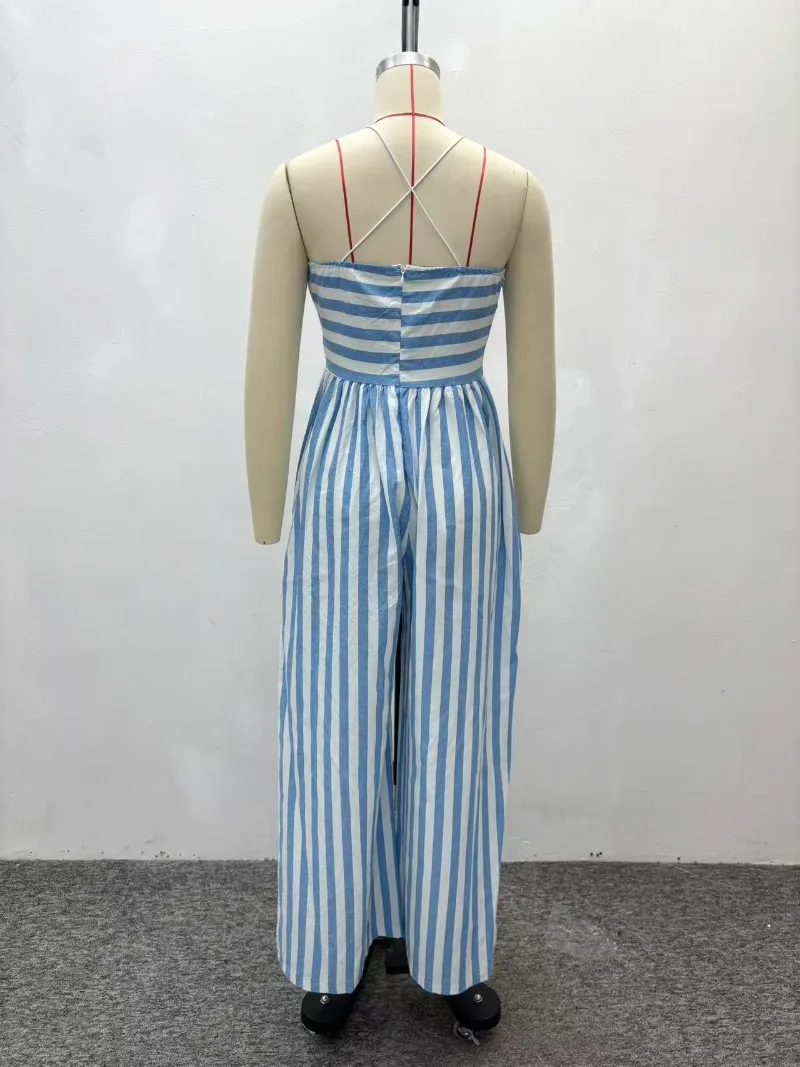 Blau-weißer afrikanischer gestreifter Neckholder-Jumpsuit für Damen – sexy, tief ausgeschnitten, rückenfrei, weites Bein, lässiger Sommer-Romper für Strandurlaub – Detail 3