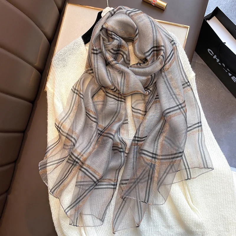 2023 Real Silk Scarf Women Designer Brand Foulard Hijab Scarves Lady Pashmina Green stripe Bandana Neck Shawls Wraps