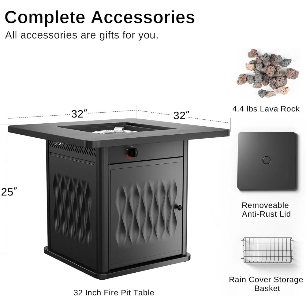 32'' Fire Pit Table with Magnetic Lid, Cover-Storage Basket & Lava Rock, 50,000 BTU, CSA Certified, Steel Propane Fire Pit Table