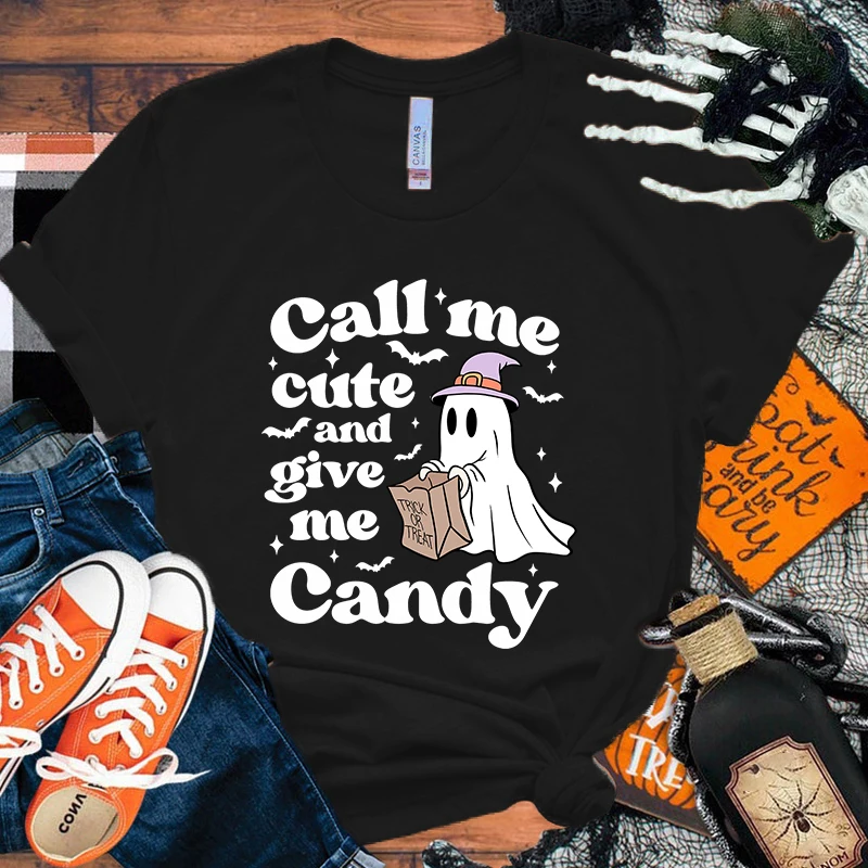 Funny Halloween Boo Call Me Cute And Give Me Candy Letter Print T-Shirt Womans Casual Tops Summer Cool T Shirt Plus Size Tops