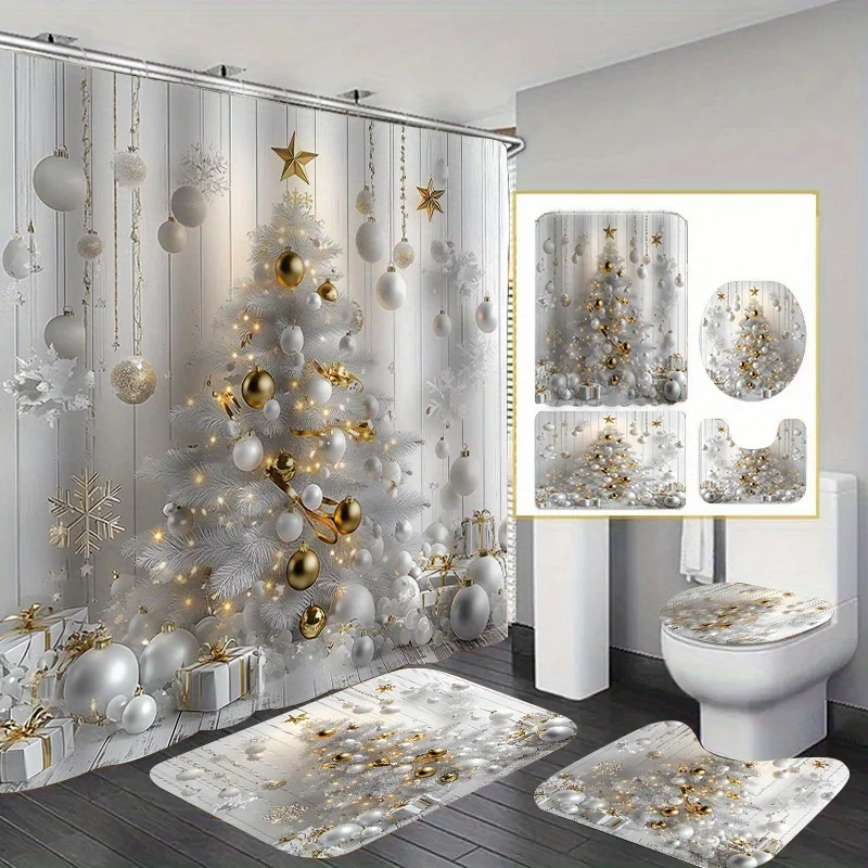 4Pcs White Xmas Tree Bath Set,Non-Slip Mat,Toilet Cover,Bath Rug,12 Hooks,Bathroom Accessories,Home & Dorm Decor,Farmhouse Style