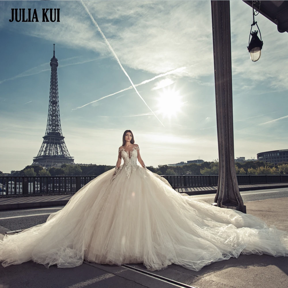 

Julia Kui Customize Made Graceful Tulle Beading Pearls Appliques Full Sleeves Ball Gown Wedding Dresses With Cathedral Train