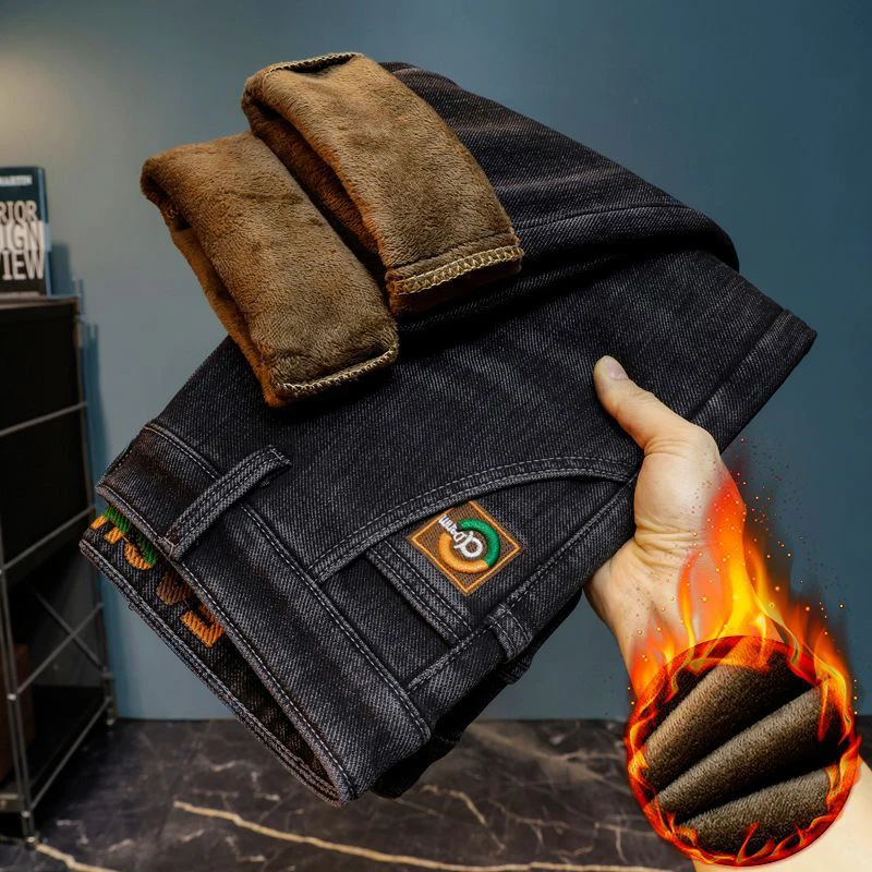 Men American Style High Quality Jeans Male Trendy Embroidered Thickened Warm Denim Pants Loose Fit Versatile Blue Gray Trousers