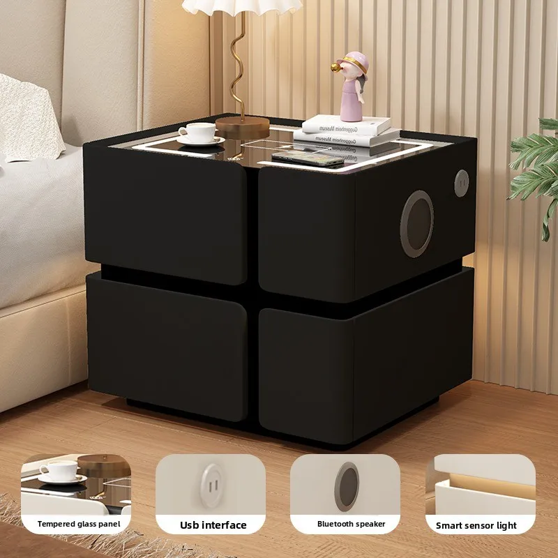 Minimalist Nightstand Solid Wood Bedside Table with Wireless Charging Multi-Function Storage Solution Compact Bedroom Organizer