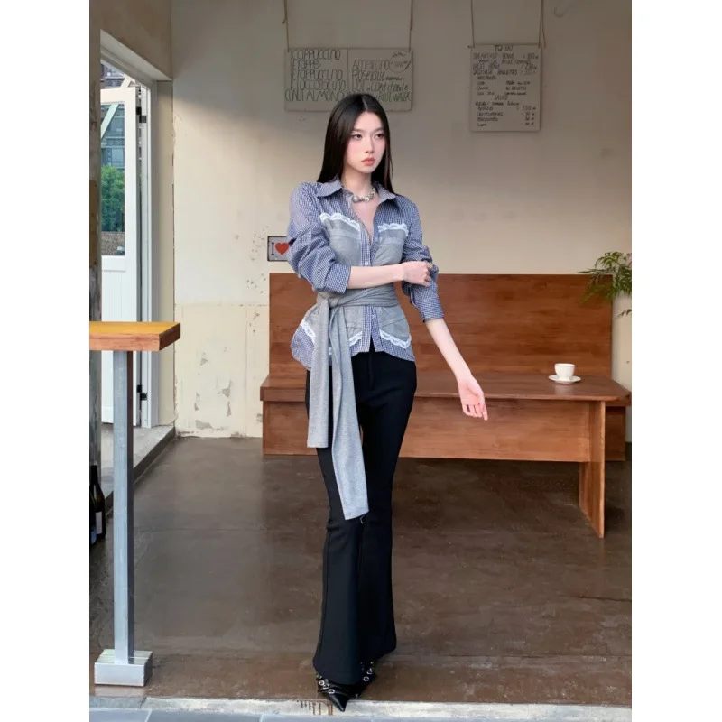 الرجعية Y2K منقوشة الدانتيل بألواح الرباط ضمادة رمادي قميص المتخصصة Preppy القمصان والبلوزات Harakuju الخريف الملابس النسائية الجديدة #3