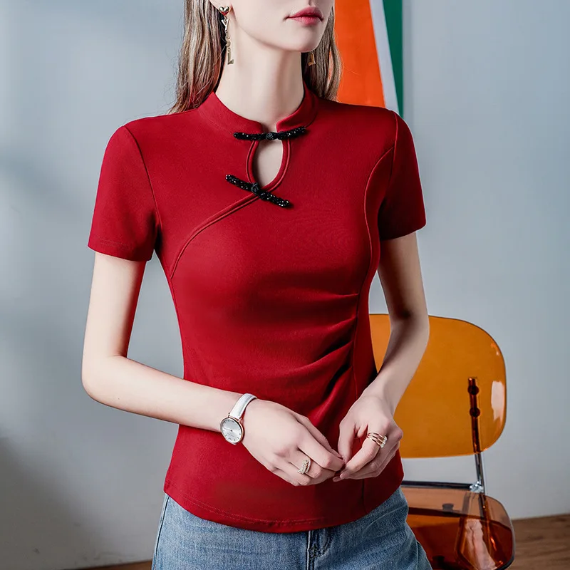 #4404 Black Red Vintage Short Sleeve T Shirt Women Stand Collar Button Hollow Out Sexy Skinny Asymmetrical T Shirt Female Cotton