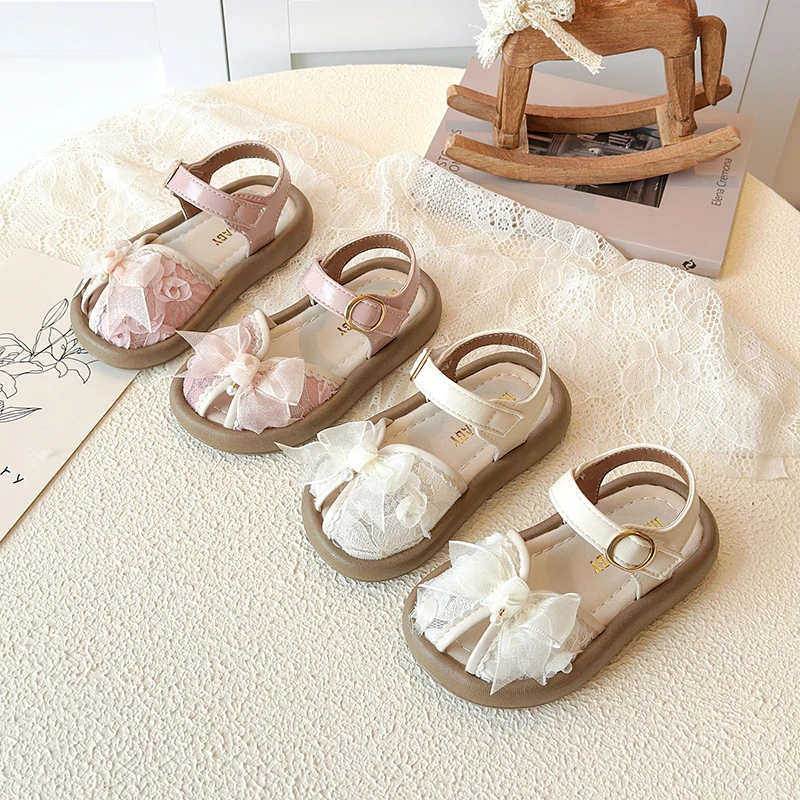 Girls' Summer Sandals 2026 Lace Bow Design Soft Bottom Non-Slip Princess Shoes Elegant Versatile Children's Shoes 21-30