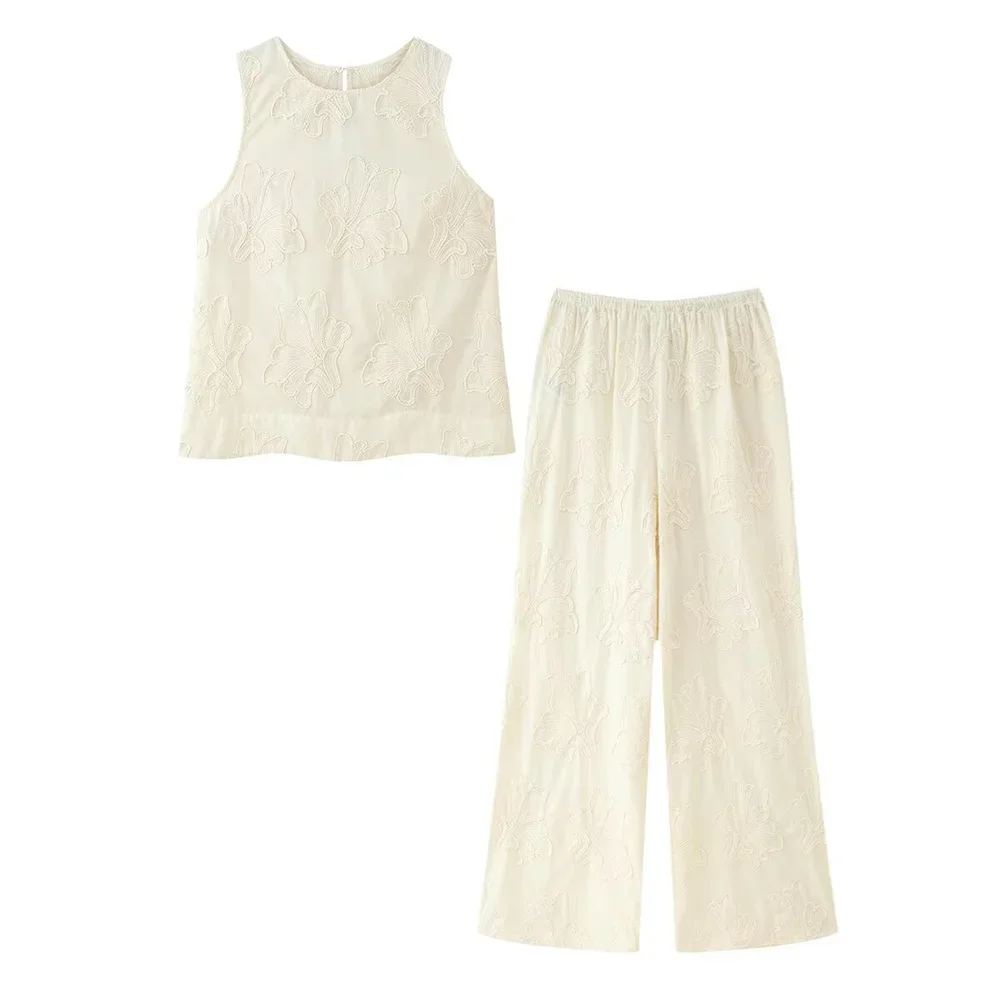 

LIBIELIY Women's Embroidered Round Neck Sleeveless Top Pants Sleeveless Accessories Spring/Summer New Women's Clothing