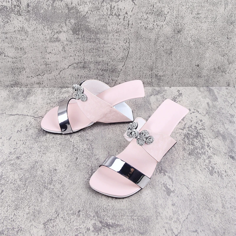 Crystal flower decoration bling metal square open toe 8cm high strange heel slip on size 34-41 summer lady sandal HL575 MUYISEXI