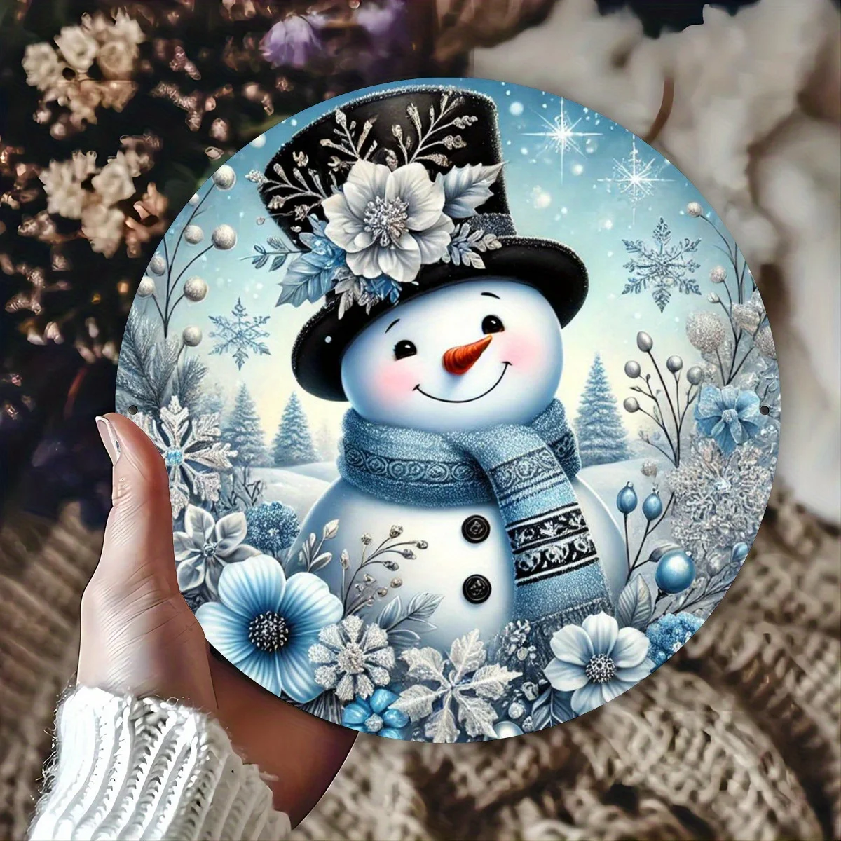 2D Flat, 1pc Snowy Elegance Blue Snowman Metal Tin Sign - 8x8 Inch Round Winter Wonderland Wall Art with Festive Snowman, Pine T