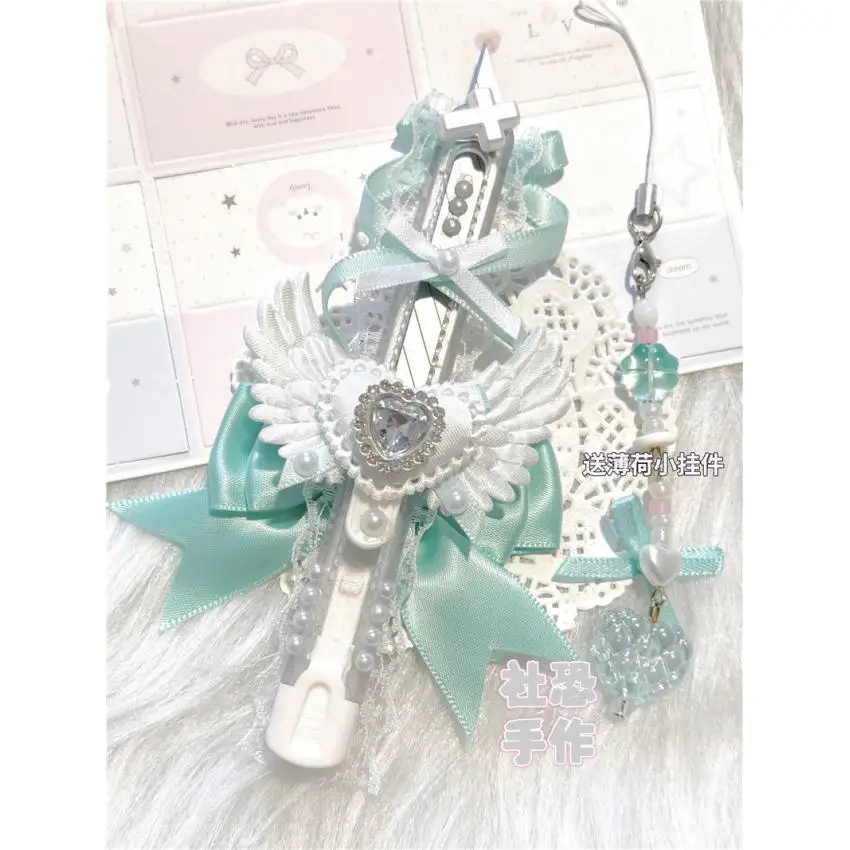 Green Lace Decor Utility Knife with Keychain Kawaii Handmade Art Knife Bow Rhinestone Heart Wings Portable  Paper Cutting