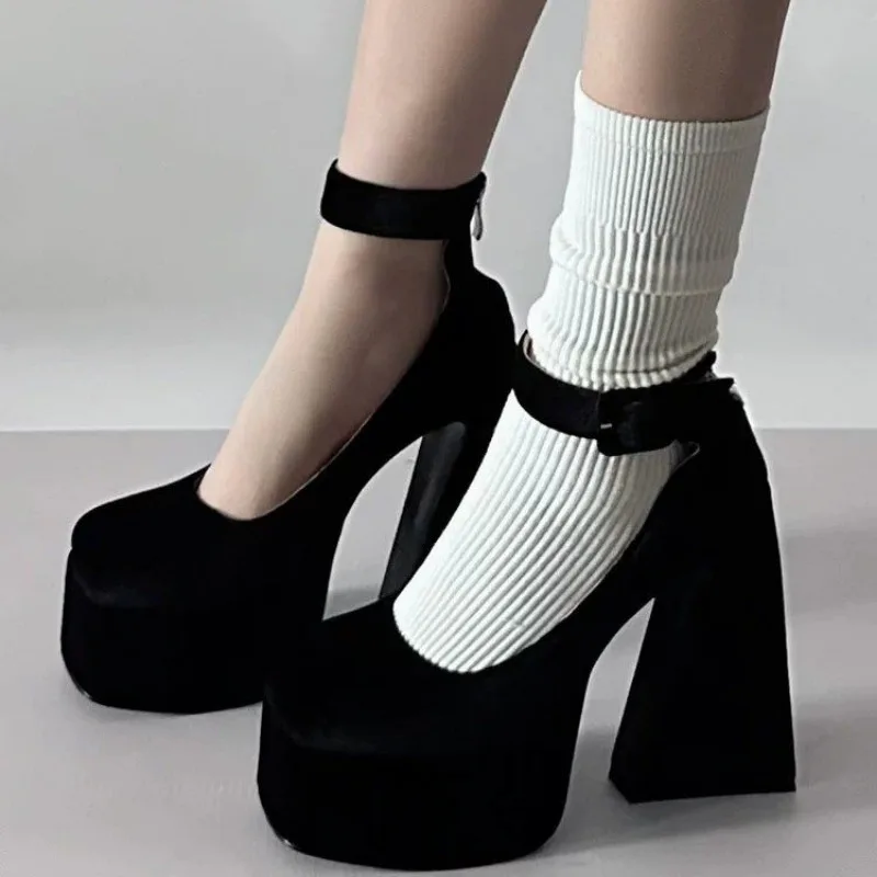 Chunky High Heels Autumn 2023 New Women Black Pumps Shoes Fashion Retro Metal Buckle Mary Jane Shoes Suede Casual Heels Women