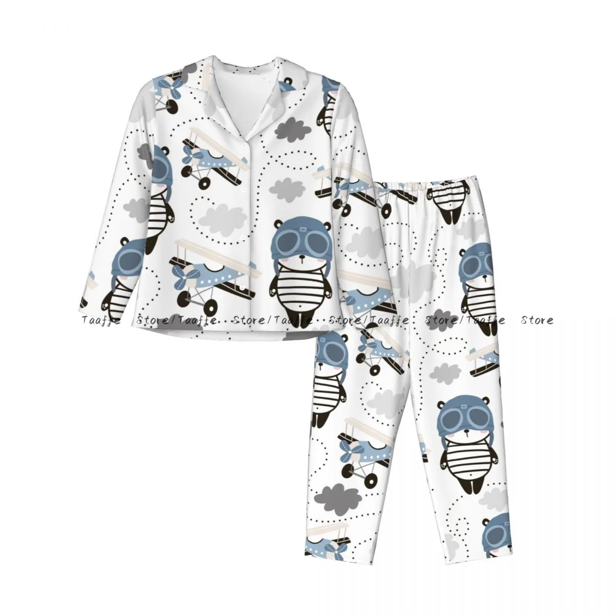 Long Sleeve Pants Pajamas Loungewear Set Cute Panda In Pilot Cap And Retro Air Planes Women's Pull Edge Loose Sleeping Suit