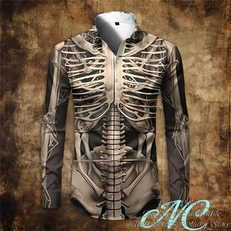 Men's shirt long-sleeved shirt 3D printing skull pattern lapel single-breasted clothing fashion casual XS-6XL soft fabric