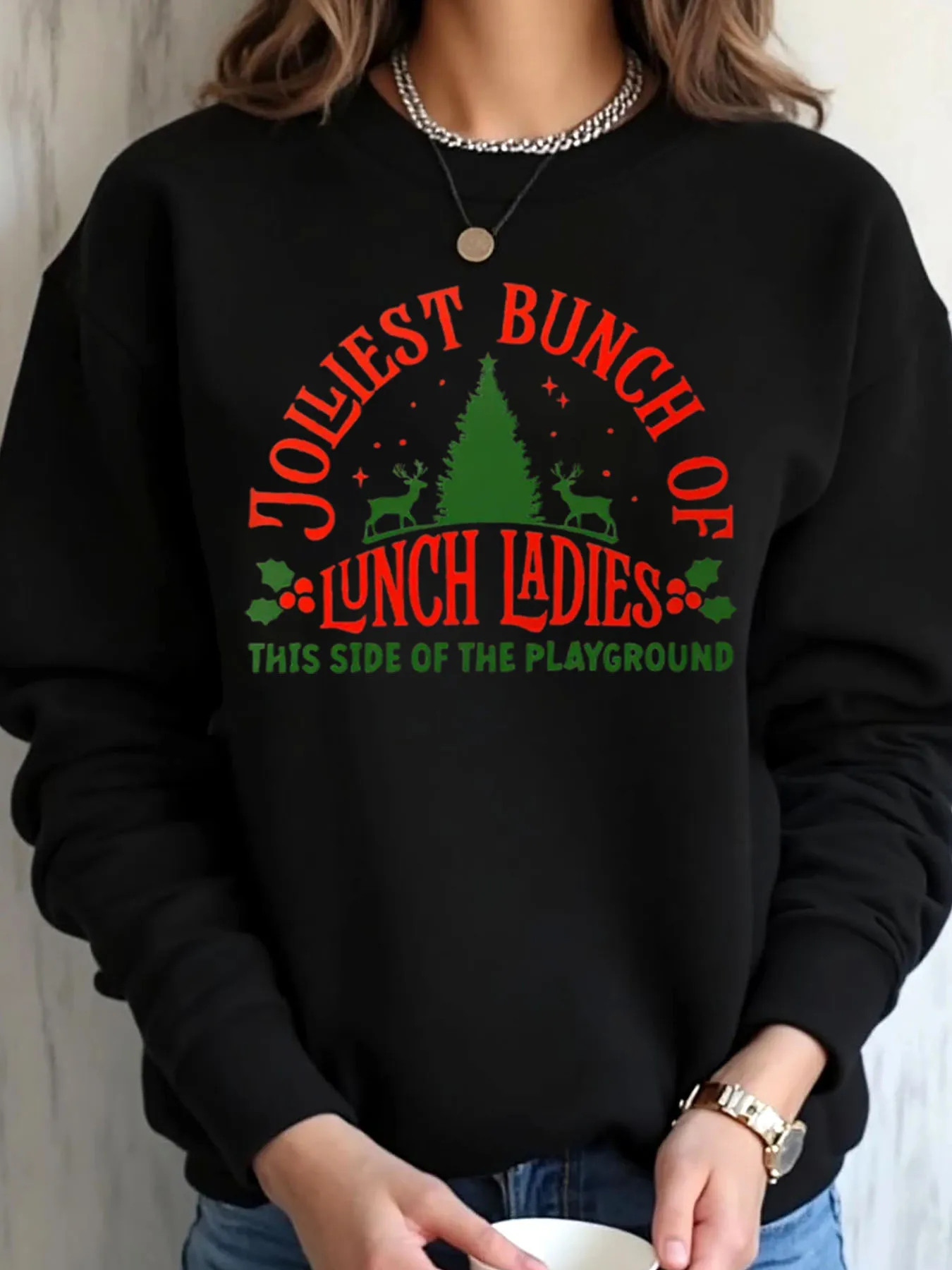Women Oversized Sweatshirt Christmas Jolliest Bunch Of Lunch Ladies This Side Of The Playground Print Outdoor Wear
