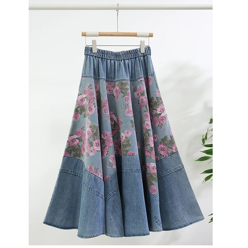 25 New Arrival Women All-matched Casual High Waist Floral Print A-line Skirt High-quality Cotton Denim Ankle-length Skirts Y190