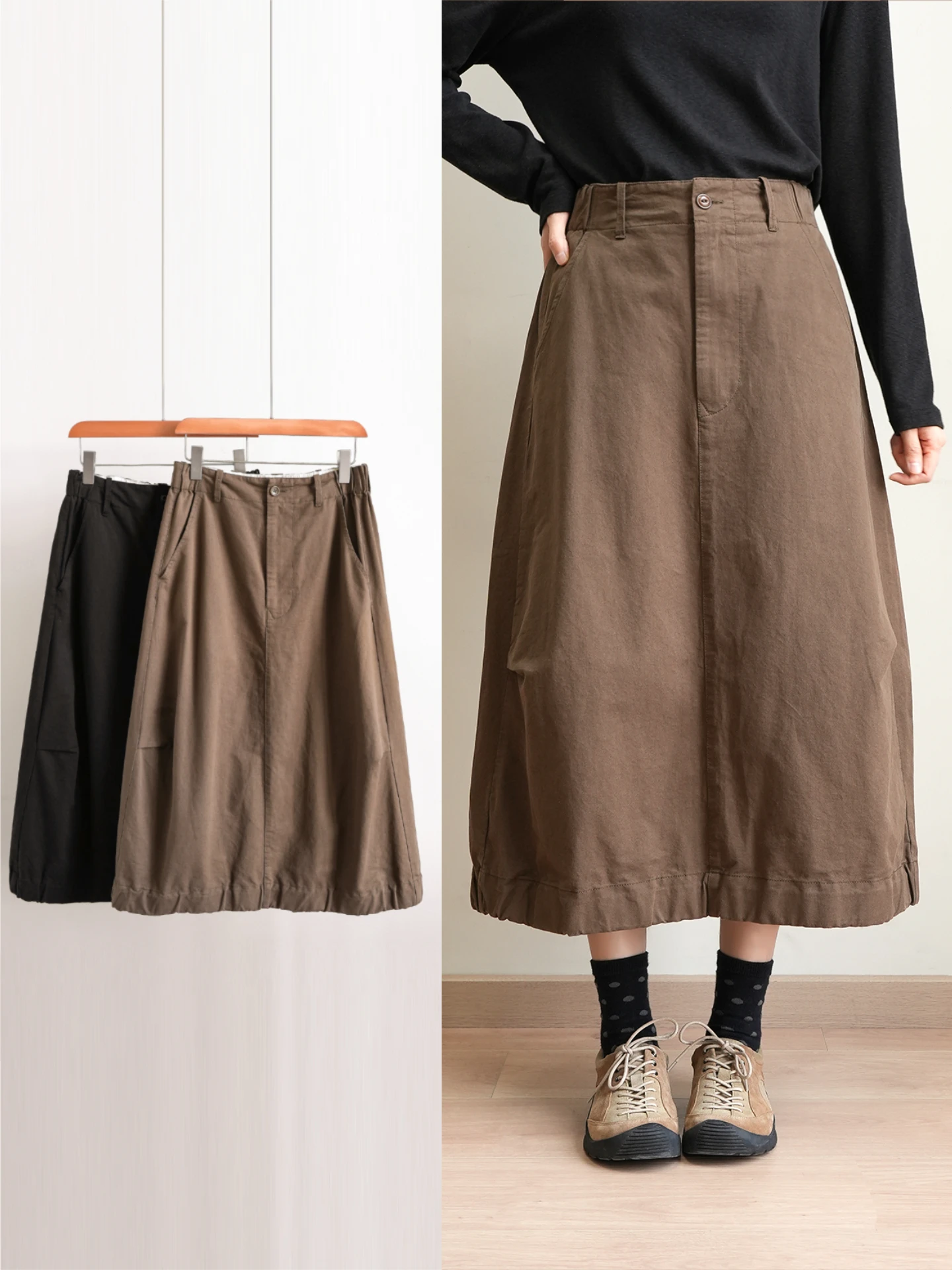 

Повседневная хлопковая юбка миди с эластичным поясом, женская свободная юбка А-силуэта, дышащая, комфортная, весенняя, художественная юбка средней длины