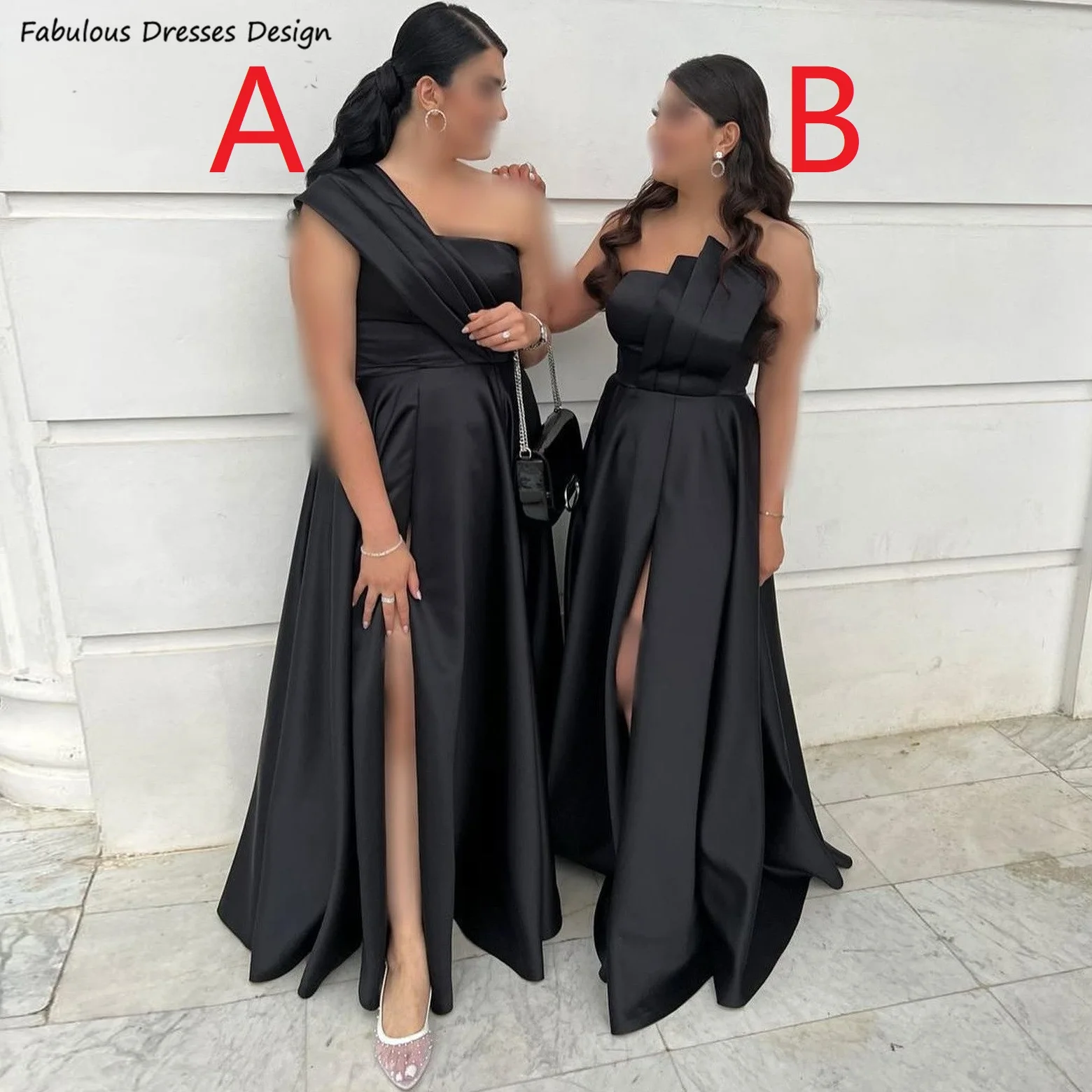 

Black One Shoulder Slit Bridesmaid Dresses Satin Long A-line Boat Neck Wedding Party Dress For Women Maid Of Honor