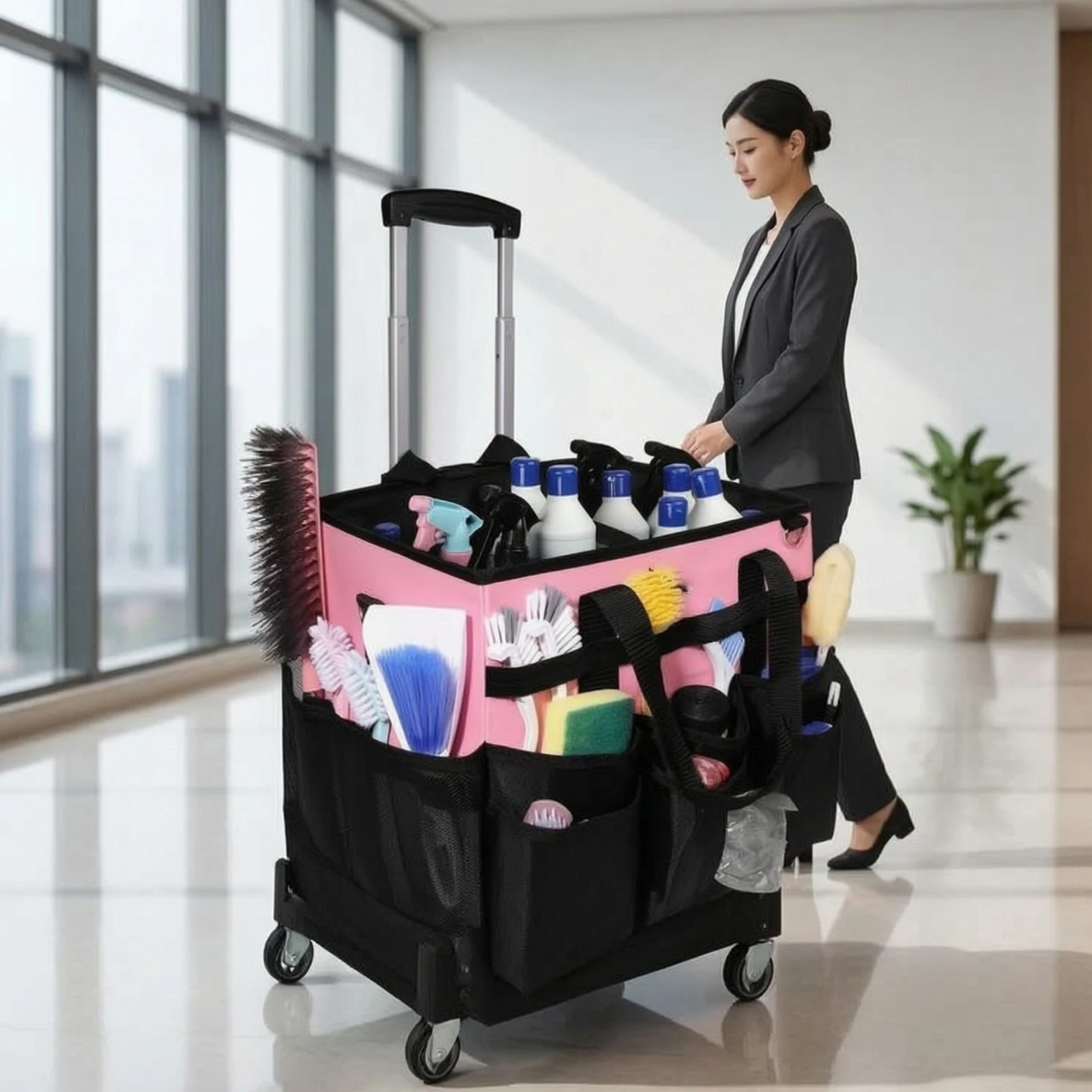 Cleaning Supplies Organizer with Wheels Rolling Cleaning Bag with Trolley Wheeled Organizer Bag Adjustable Multi-Pocket