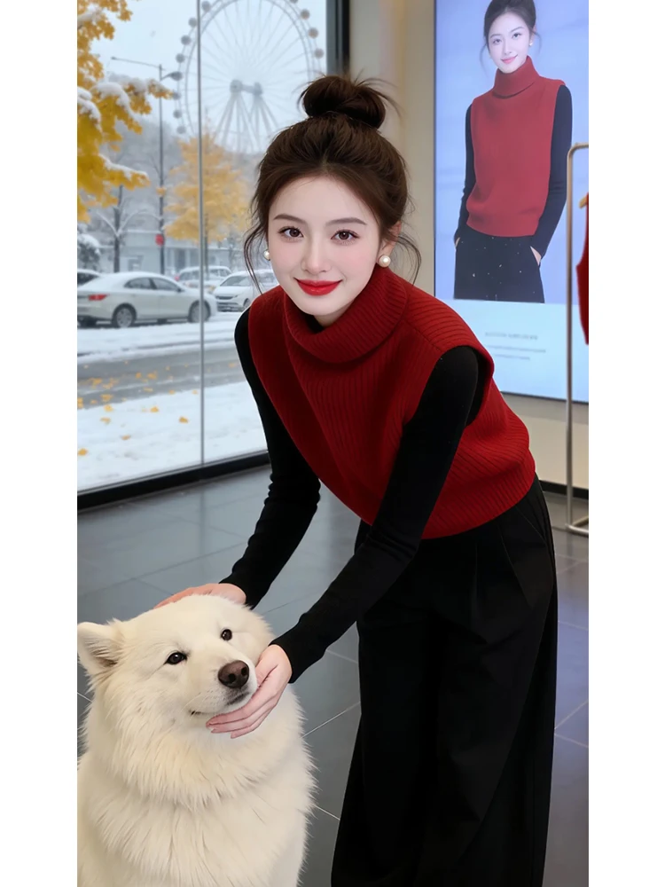 Large Size New Year Red High Collar Women's Vest Sleeveless Trendy Spring 2026 Simple Match Alluring Atmosphere Sweater