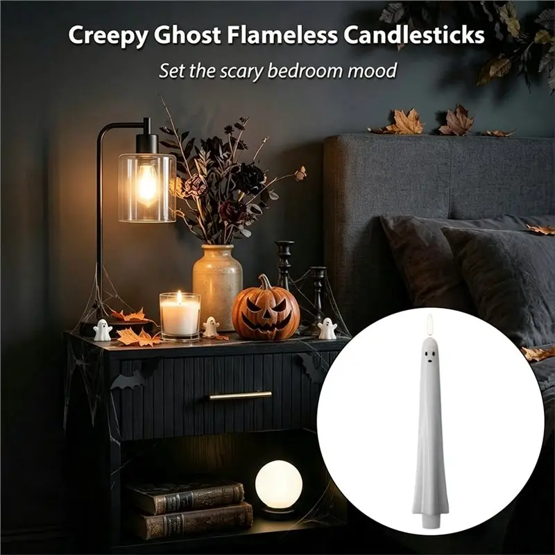 ABKP-Ghost Flameless Taper Candles 6PCS With Remote Control And Timer Led Candlesticks 3D Wick Halloween Fake Candles