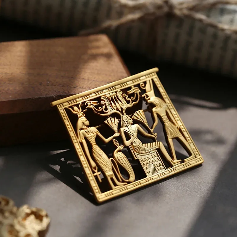 Vintage Egyptian Pharaoh Square Hollowed Brooches Women's Simple Fashion Matt Gold Color Metal Retro Coat Suit Brooch Badge Pin view 6