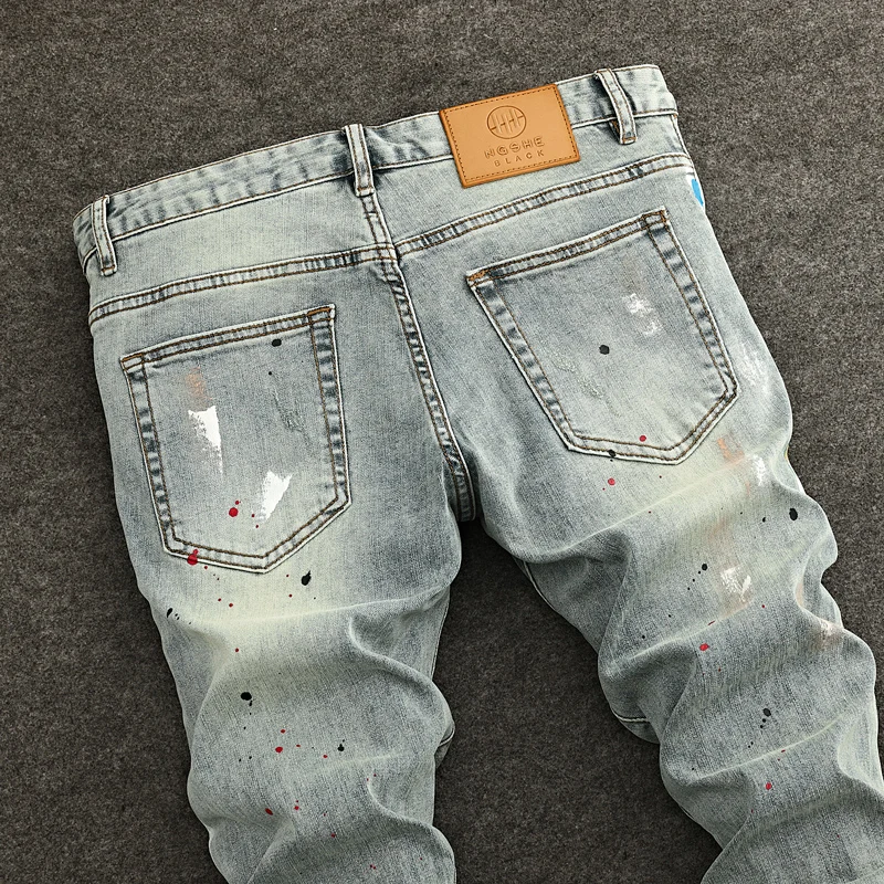 NewY2K Jeans Embroidered Scratched Painted Washed Water Nostalgic Retro Light Grey Blue Men's Jeans Designer High Quali