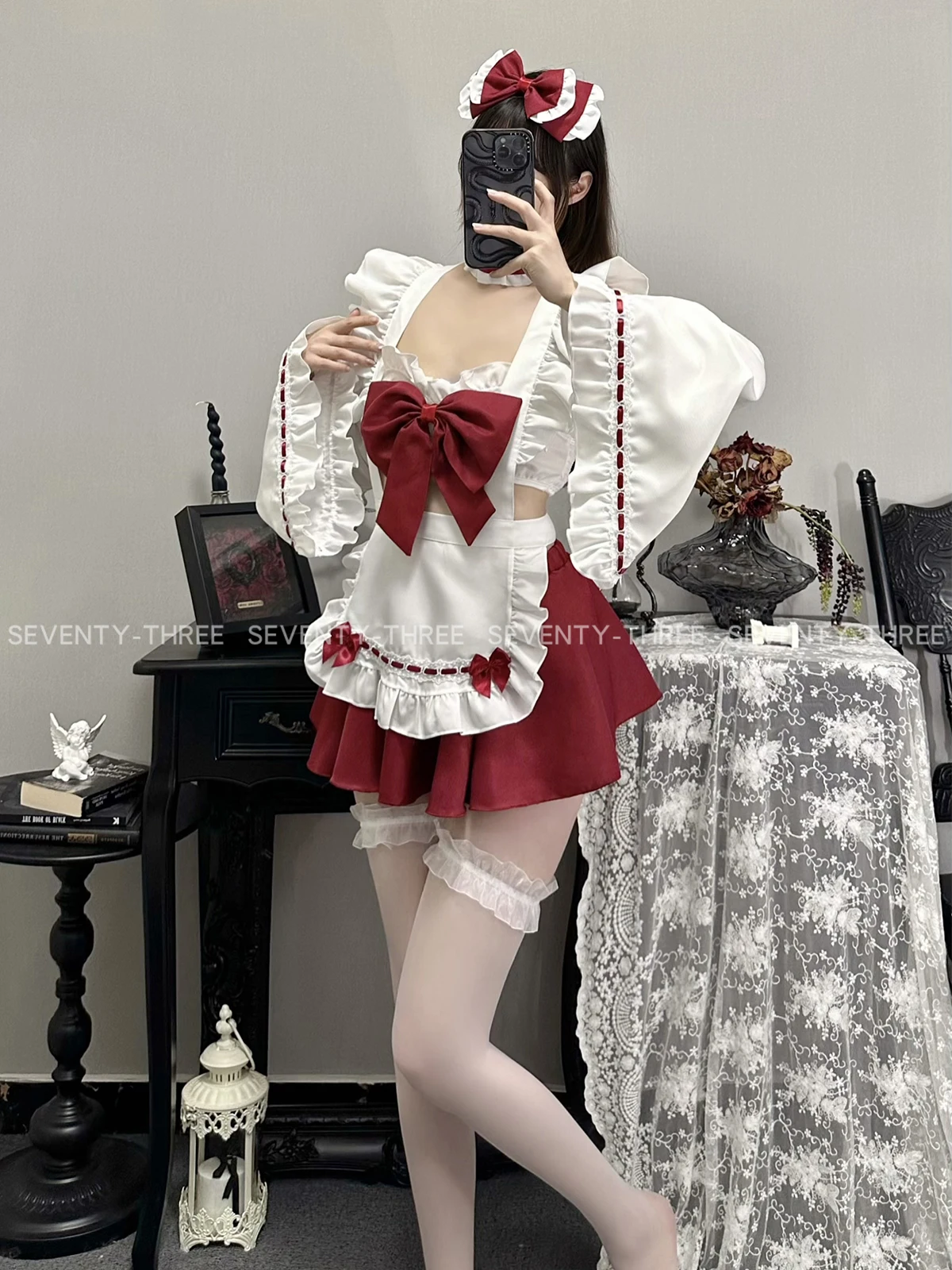 Cute Red Witch Cosplay Costume Women's Lolita Dress Sweet Maid Suit Witch Uniform Role Play Nightwear Underwear Halloween