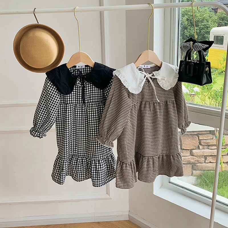 

New Spring Girls Turn-down Collar Plaid Dress Children's Clothing Kids Cotton Long Style Princess Dress Baby Girls Clothes