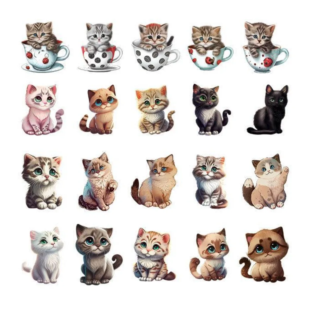 20 types of Cartoon Cute Coffee Cup Little Cat DTF Thermo Sticker Decals Heat Transfer Clothes Clothing Crafts Diy Accessory