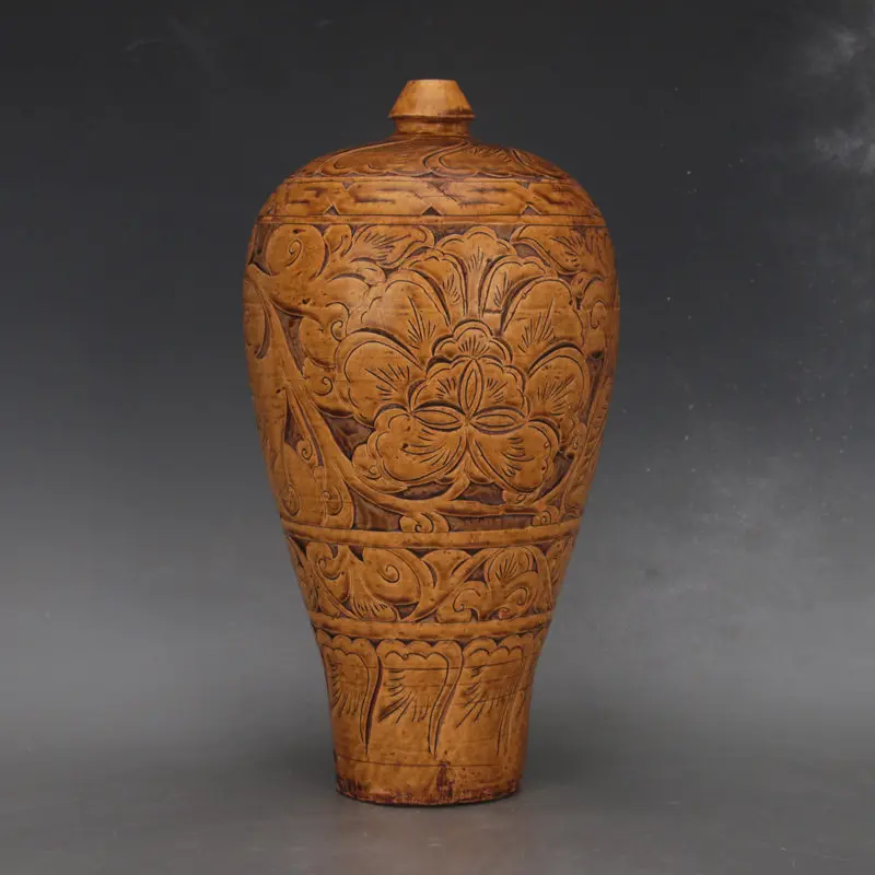 Chinese Antique Style Cizhou Kiln Yellow Glaze Carved Floral Scroll Plum Vase Porcelain Home Decor Handmade Gift
