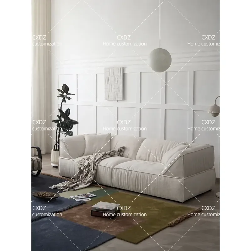 French Style Wabi Sabi 4 Seater Sofa Modern Simple Straight Row Cotton Linen Fabric Fully Dismantled Washable Living Room