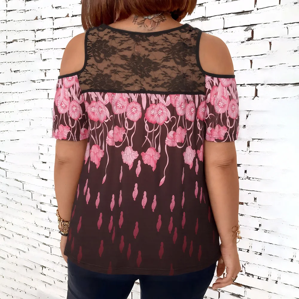 حجم كبير المرأة المطبوعة الأزهار الدانتيل الباردة الكتف كم تي شيرت تونك القمم الصيف السيدات بلوزة كاجوال بلوزة حجم 1XL-5XL