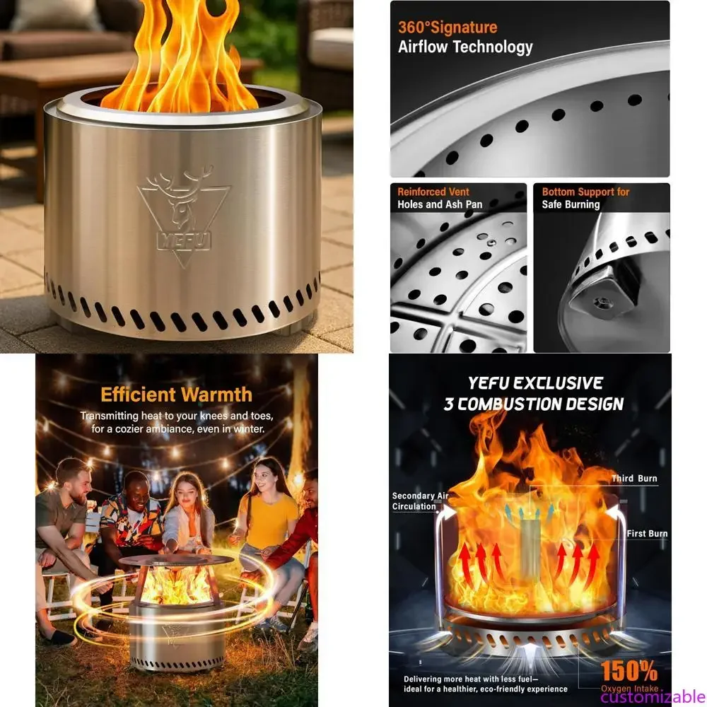 

Smokeless Outdoor Fire Pit: 19 Inch 304 Stainless Steel with Removable Ash Pan - Silver