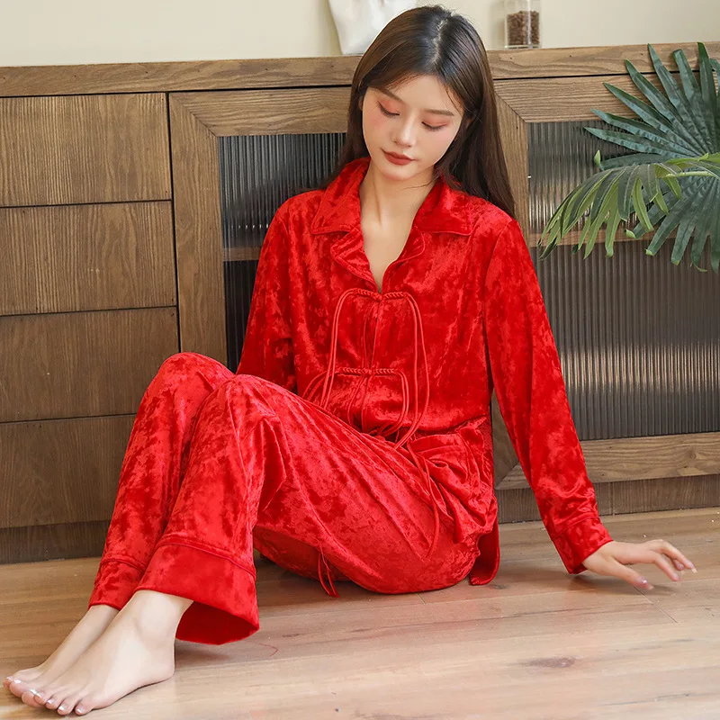 Pajamas Women\'s New Wedding Big Red Home Fur Birthyear Long Sleeve Pants Autumn And Winter Set Golden Velvet Leisure Style Femal