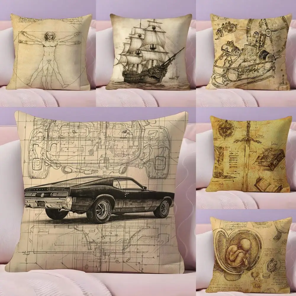 

Da Vinci Inspired Sketches Cushion Cover Plush Fabric Soft Double-Sided Printed Sofa Warm Winter Home Gift Pillow Cover
