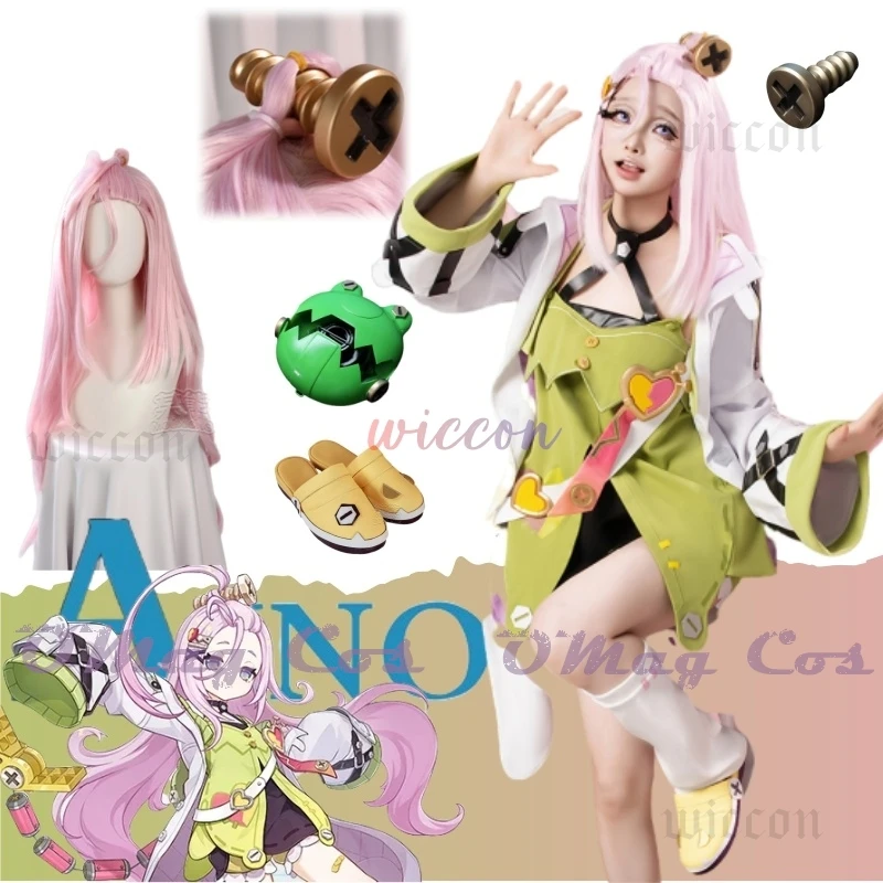 

Genshin Impact Aino Cosplay Costume Green Suit Yellow Shoes Wig Comic Con Halloween Anime Women Girls