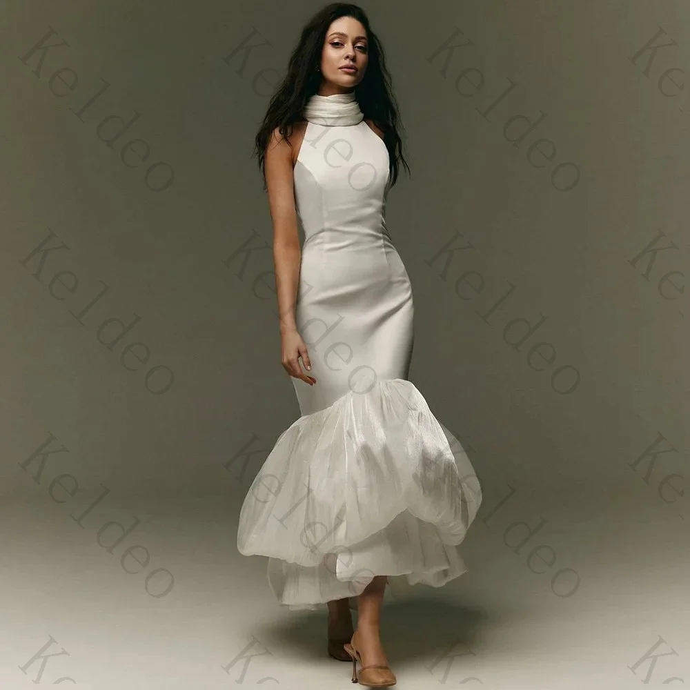 Customized High Quality Halter Sleeveless Mermaid Wedding Dresses Exquisite Ruched Bodice Ruffled Hem Ankle-Length Bridal Gowns