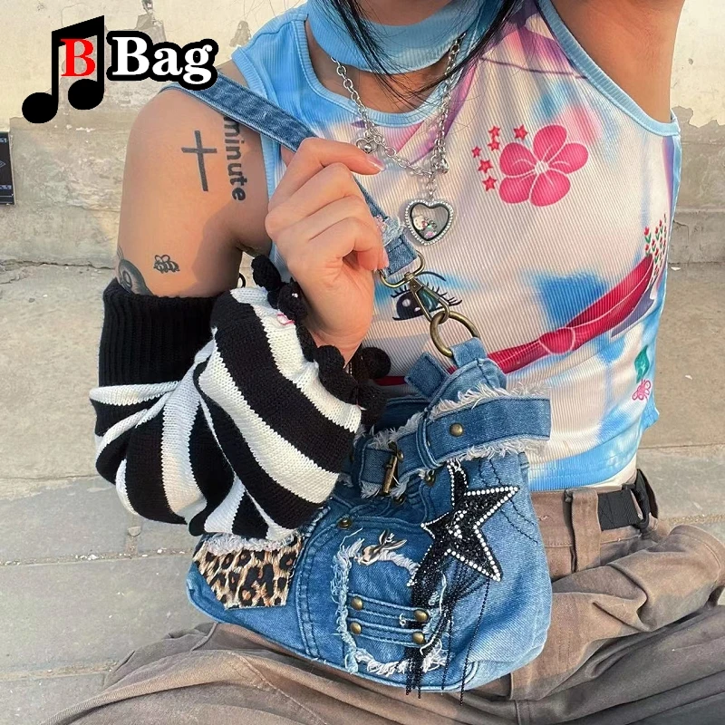 Tri color Cowboy Bag Subculture Homestay Woman Gothic Punk Millennial Spice Girl y2k tote One shoulder Crossbody Handbag