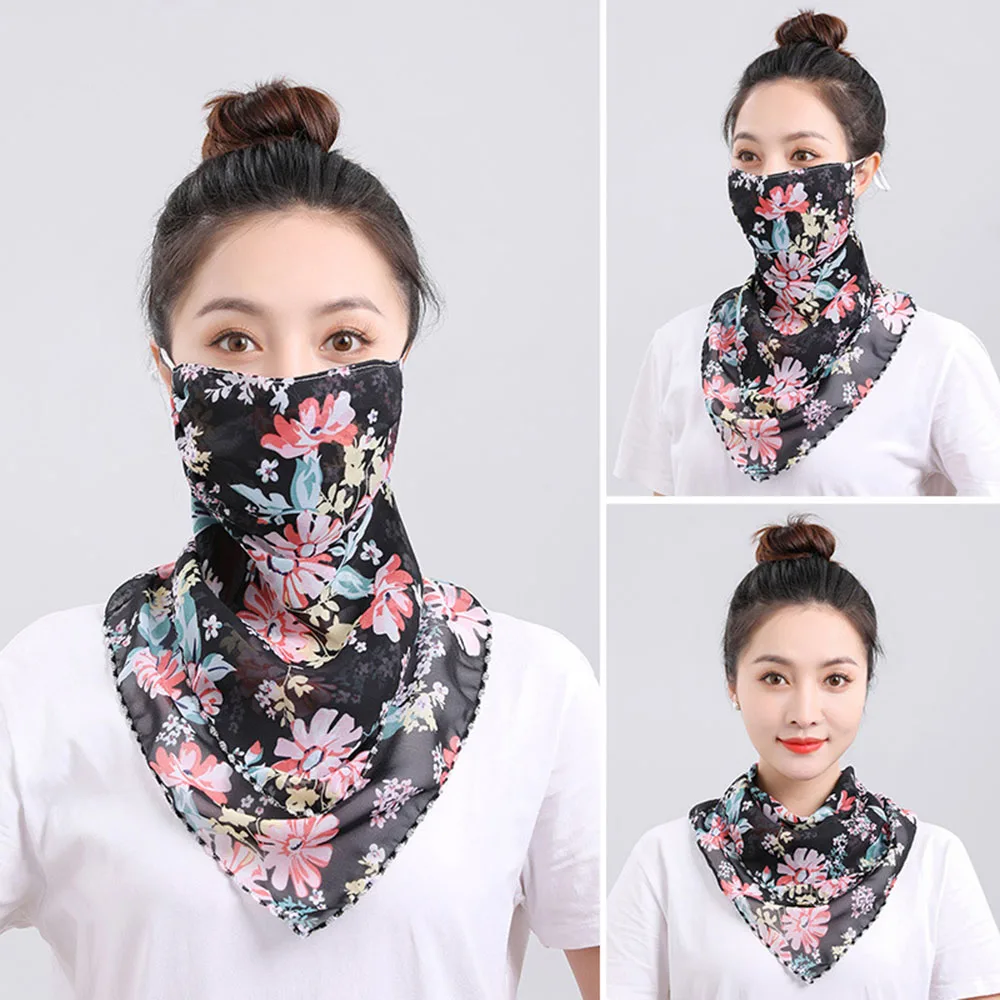 Women Summer Sunscreen Floral Neck Wrap Cover Face Cover Sun UV Protection Neck Scarf Driving Cycling Ear Hanging Sunscreen Mask