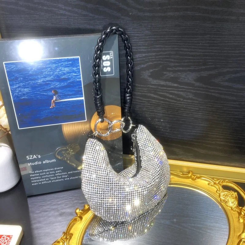 

Shining Crystal Rhinestones Evening Bag Sparkling Diamond Studded Purses Women's Handbag Circular Ring Chain Decoration Hobo Bag