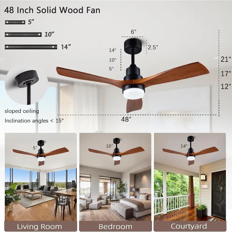 Lighted Remote Control, Indoor Outdoor Wooden Ceiling Fan, Outdoor Modern Ceiling Fan with 3 Fan Bl