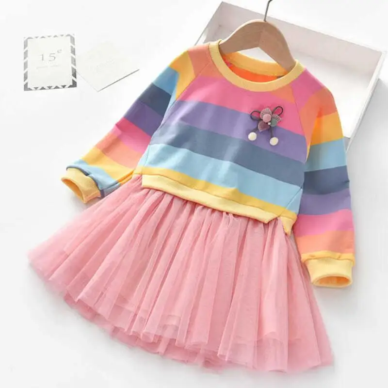 Baby Girls Dress Princess Autumn Sweater Fleece Gauze Tutu Dresses Children Clothing Long Sleeve Rainbow Stripes Dress For Girls