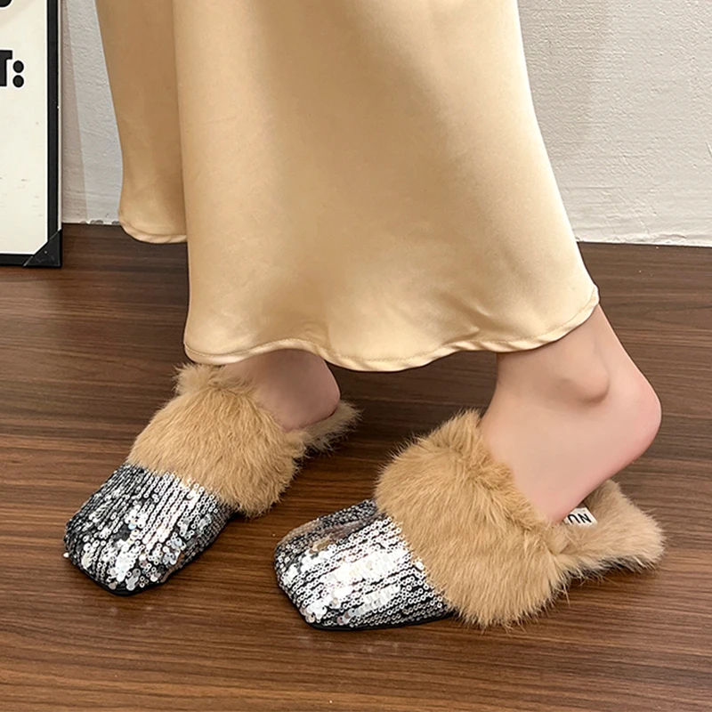 النساء بلينغ رقيق النعال الشقق قصيرة أفخم أحذية قطنية البغل أحذية صناديل للنساء شتاء 2025 الاتجاه Slingback الوجه يتخبط Mujer