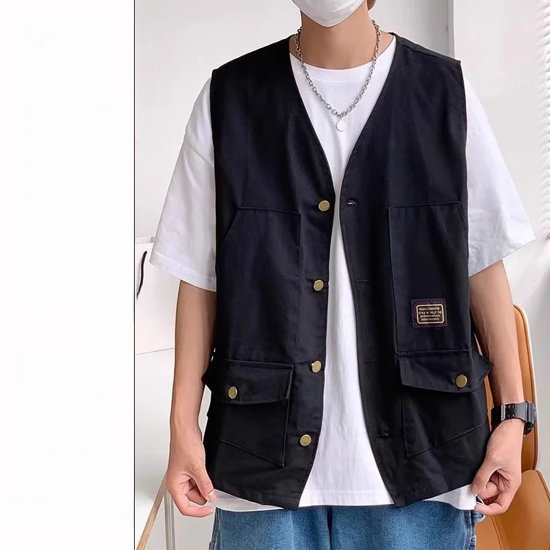 

Lightweight Summer Vest Men's Pure Color Diagonal Stripe Multi-ket Workwear Jaet Loose Fit Youth Trend Autumn Faion