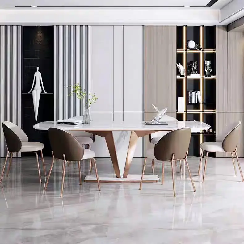 @#2025 High End Design Italian Rock Plate Table and Chair Combination Modern Rectangular Dining Table for Restaurant