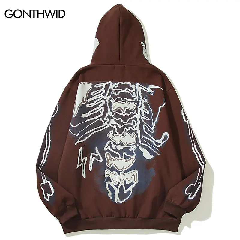 Hip Hop Hoodie Jacket Y2K Grunge Skull Skeleton Bones Print Emo Zip Up Hooded Sweashirts Harajuku Casual Punk Gothic Men Clothes