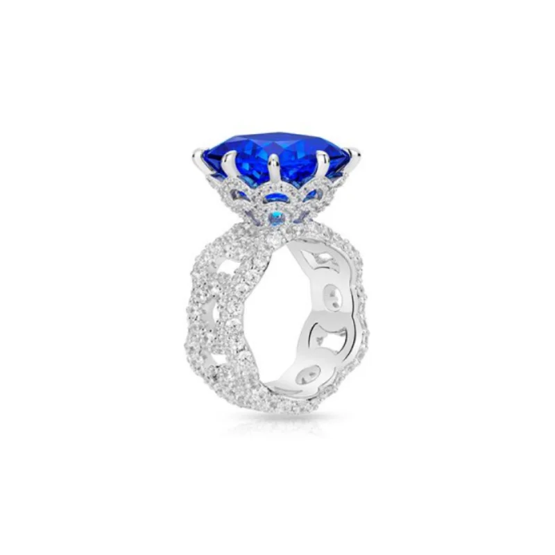 

BELLUX 925 Silver Synthetic Zircon Ring Blue Square Lace Luxury Royal Blue Sapphire Fashion Top Quality Ring